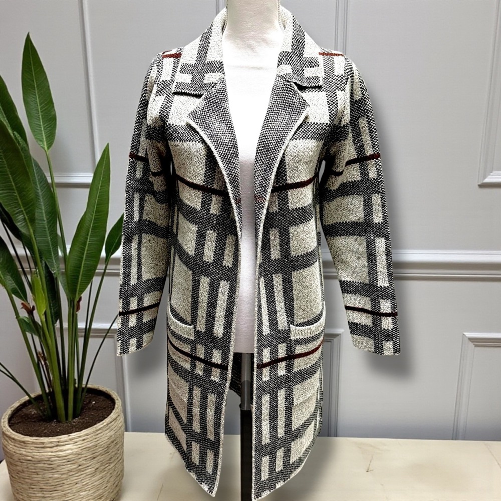 Monteau Los Angeles Womens Small Plaid Knit Cardigan Coat Longline Sweater Cream